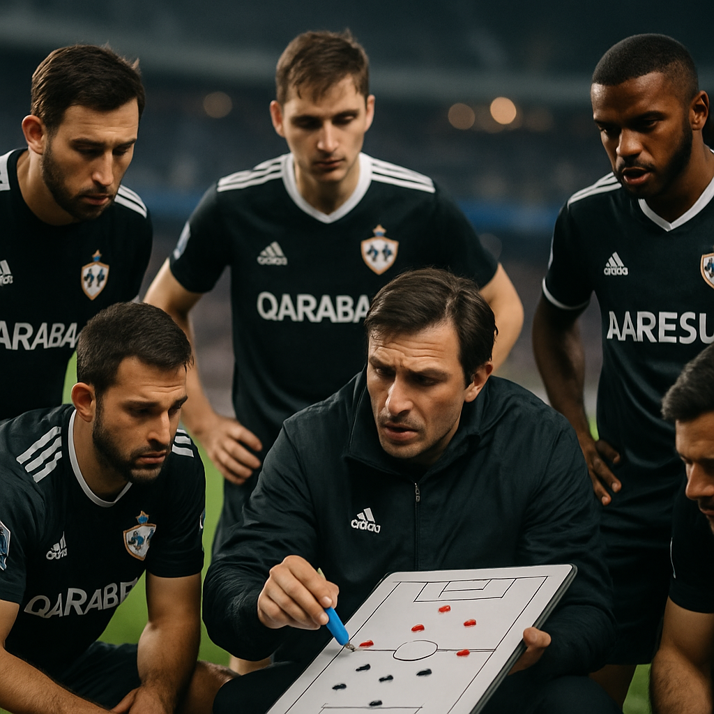 Dynamic image of an Azerbaijani club team devising a strategy on a football pitch