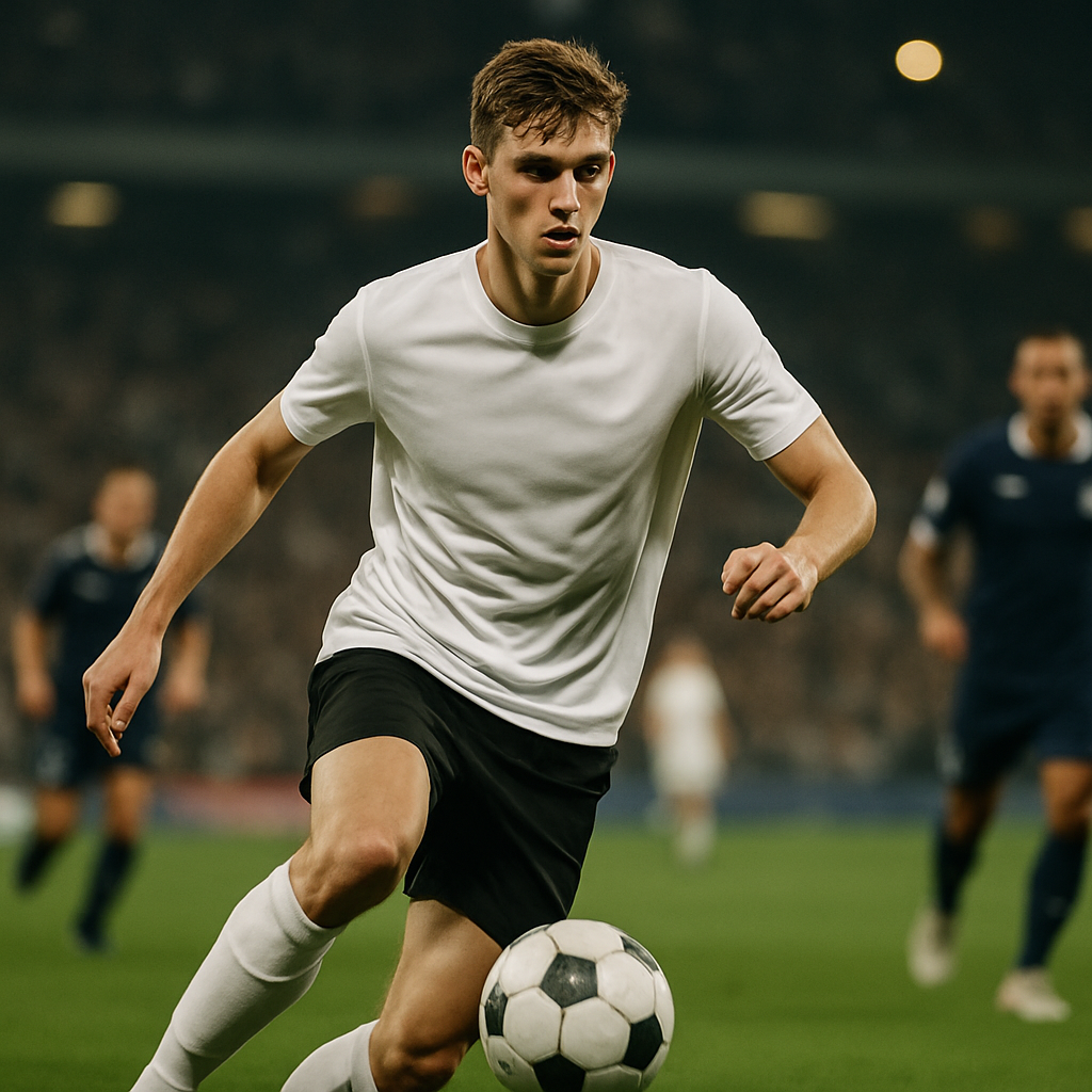 A tall young striker in a generic kit drives forward with the ball during
