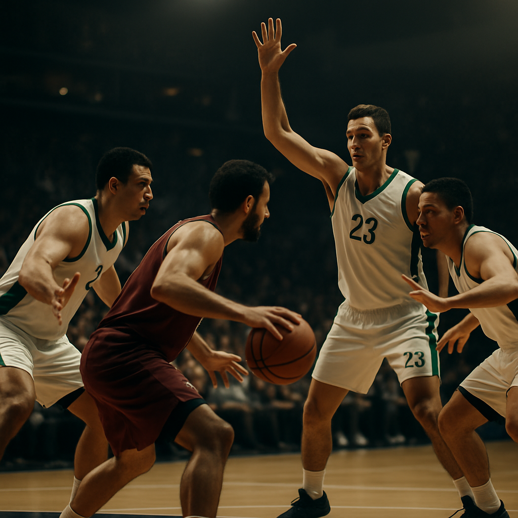 EuroLeague defenders rotate in unison to pressure a ball-handler and close passing lanes in