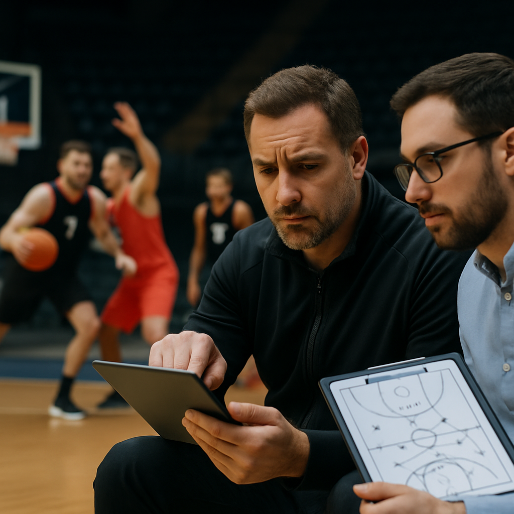 A coach and analyst review a tablet courtside as players practice an offensive drive