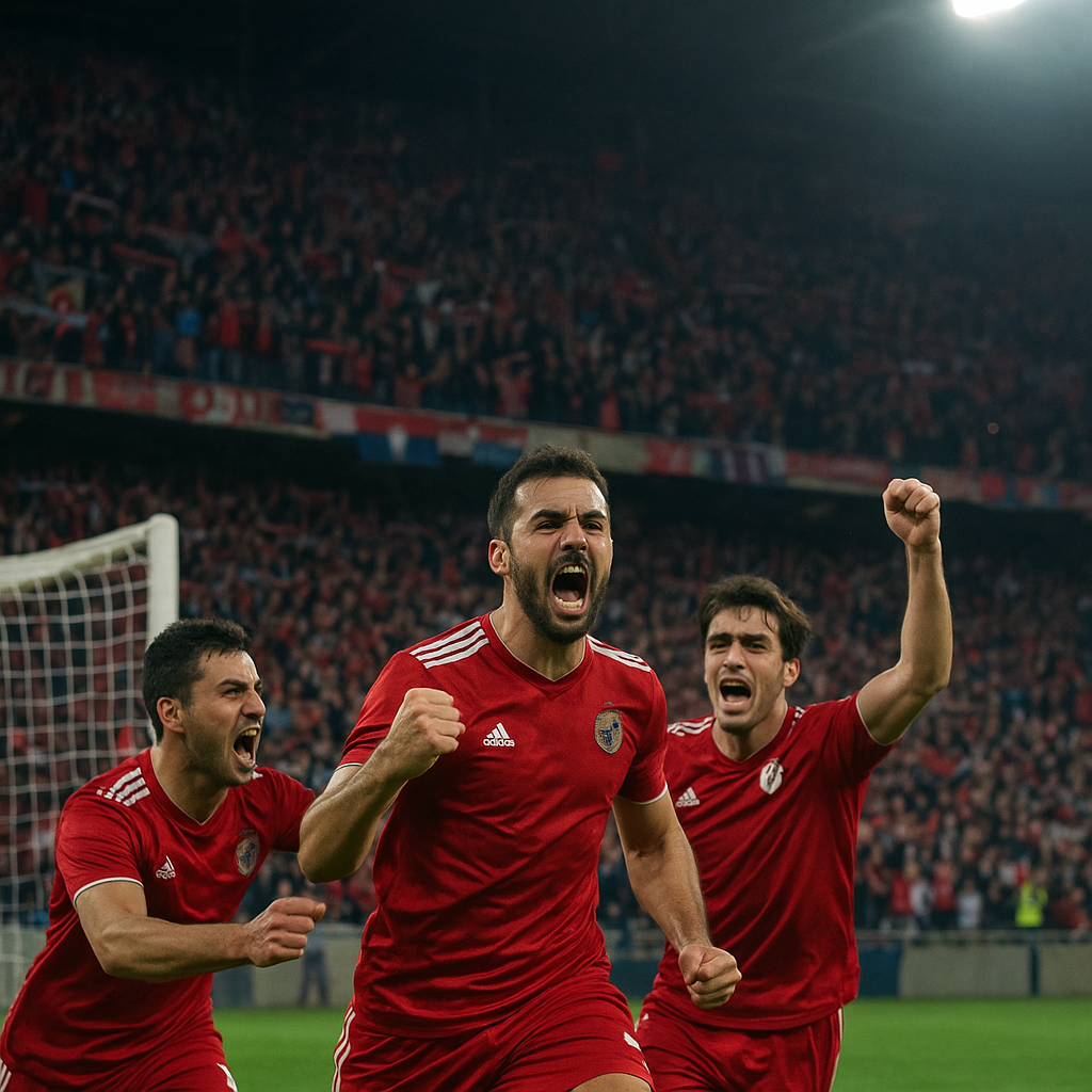 Footballers celebrate a goal as a packed stadium erupts during a Baku derby.