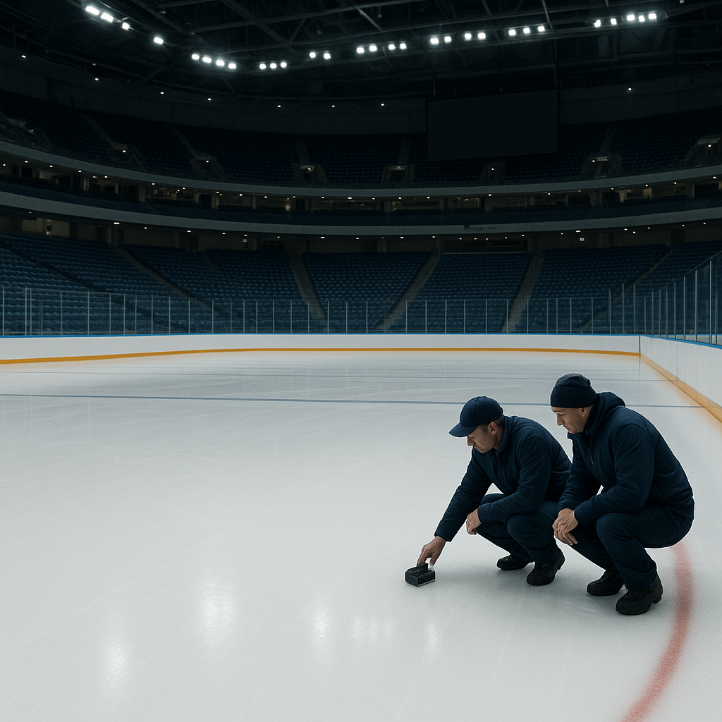 Technicians inspect the smooth ice and safety features inside a modern Olympic hockey arena.