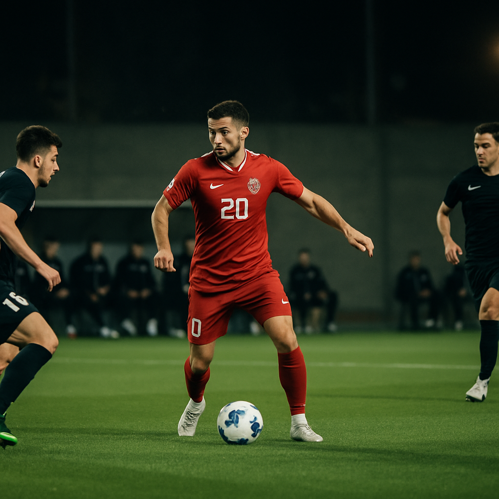 Players contest possession in an Azerbaijani league match as teammates move into space and