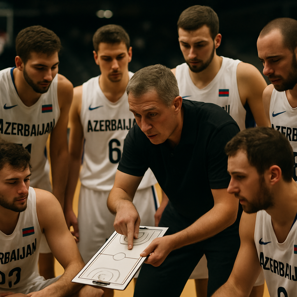 Azerbaijan basketball players gather around their coach during a focused tactical timeout.