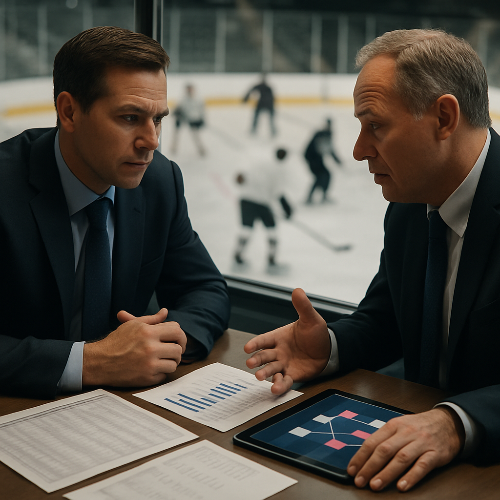 Hockey executives weigh a potential trade as roster depth, salary limits, and future draft