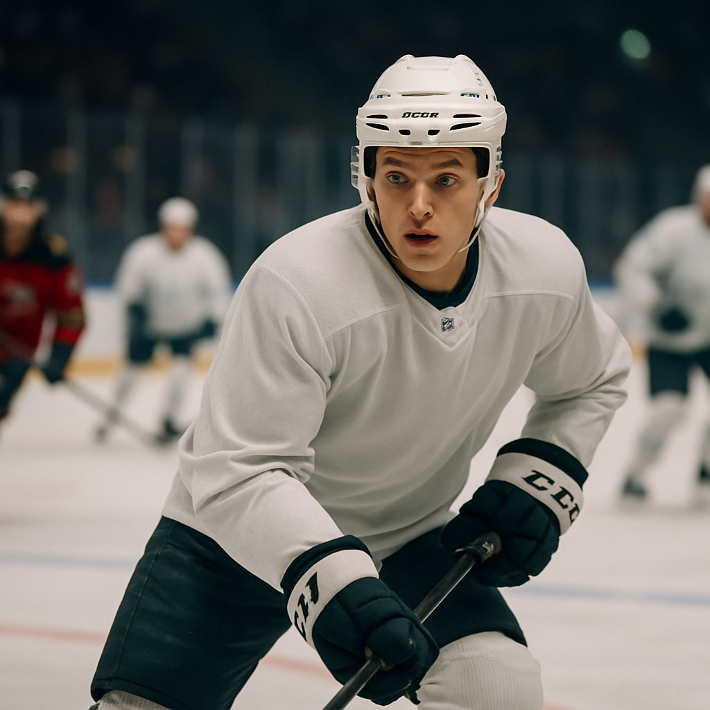 A young hockey player scans the ice during a KHL-style game, focused on making
