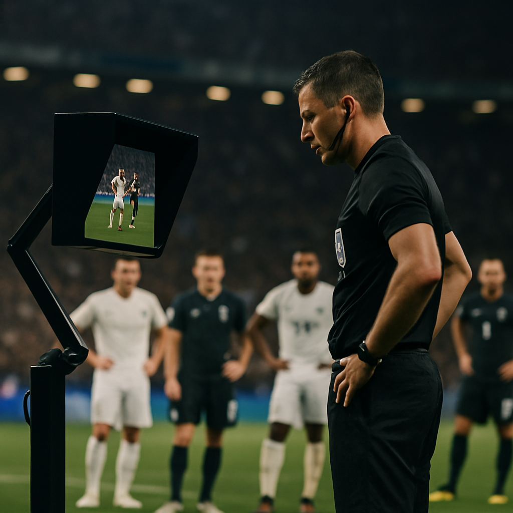 A football referee reviews a disputed match incident on a VAR monitor as players