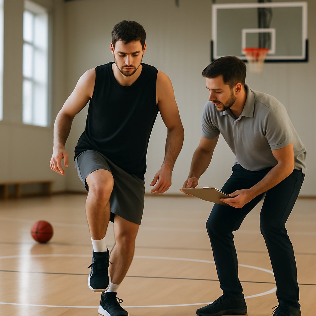 A basketball player practices a controlled single-leg landing on court while a physiotherapist monitors