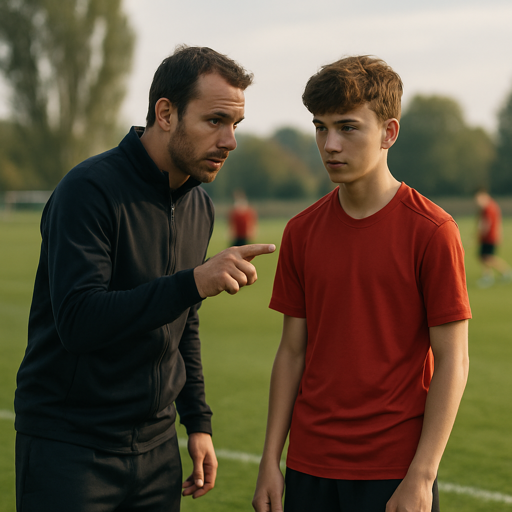 An academy coach guides a focused young footballer during a training session as teammates