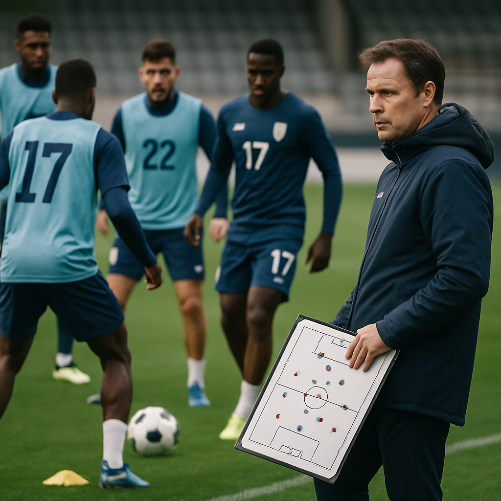 A national football team coach assesses players during a passing drill at training.